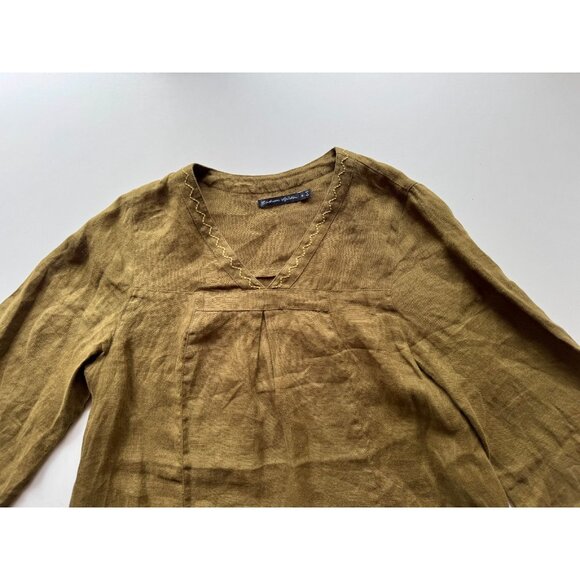 GUDRUN SJODEN Lagenlook Olive Green Linen Oversized V-Neck Tunic Dress, Size M - Picture 7 of 14